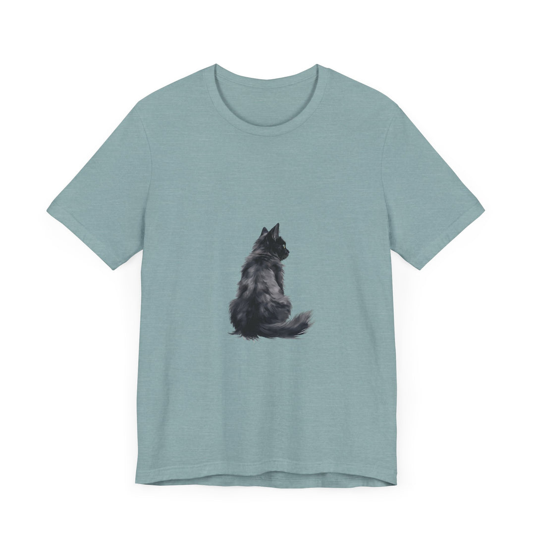 Soft and comfortable black t-shirt with a minimalistic silhouette of a cozy cat