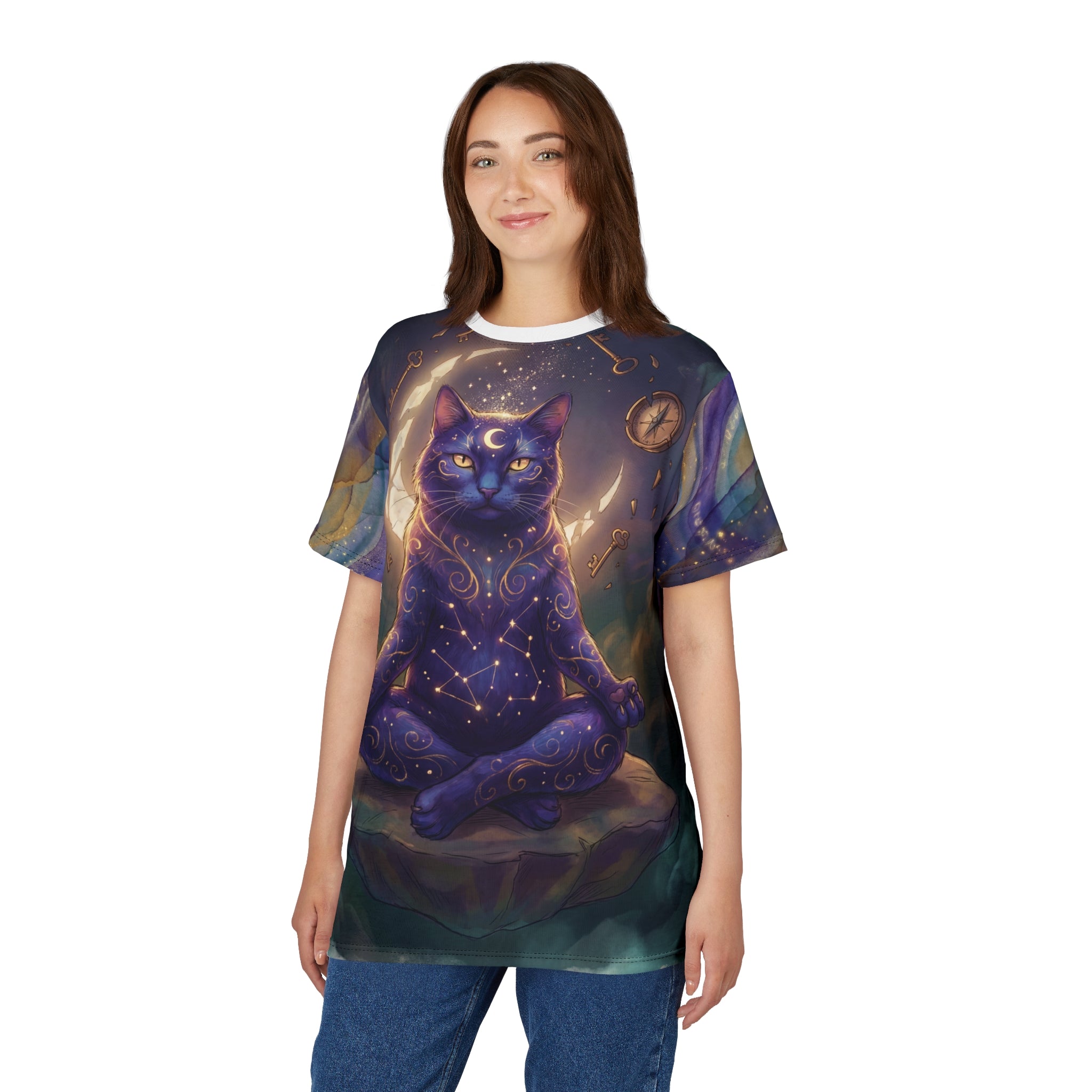 Cosmic Oracle Cat Tee - "Guidance & Intuition" Meditative Feline Graphic