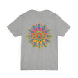 Colorful psychedelic mandala t-shirt with intricate spiritual design for inner peace and tranquility