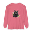 Long sleeve black cat watercolor splash t-shirt with vibrant design