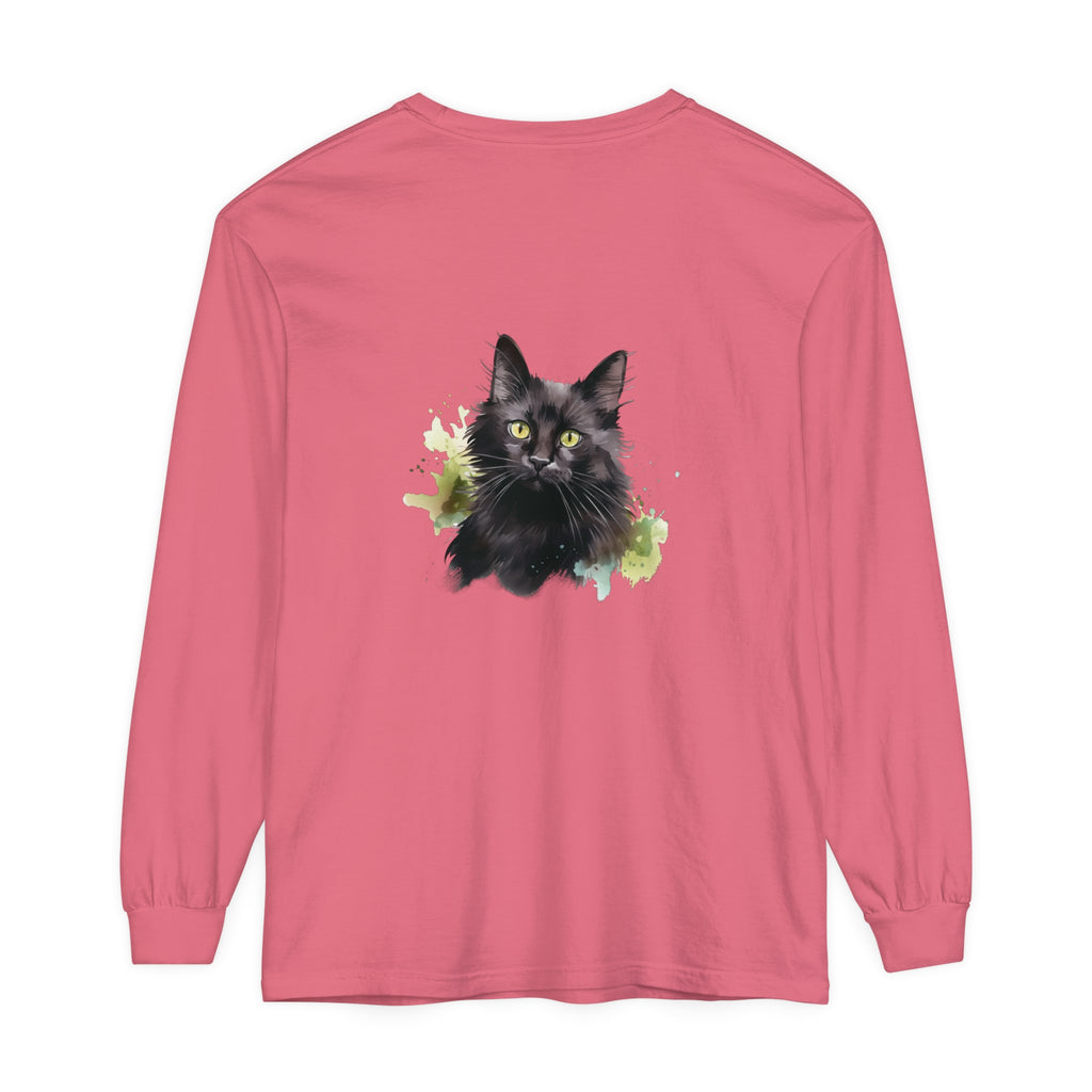 Long sleeve black cat watercolor splash t-shirt with vibrant design