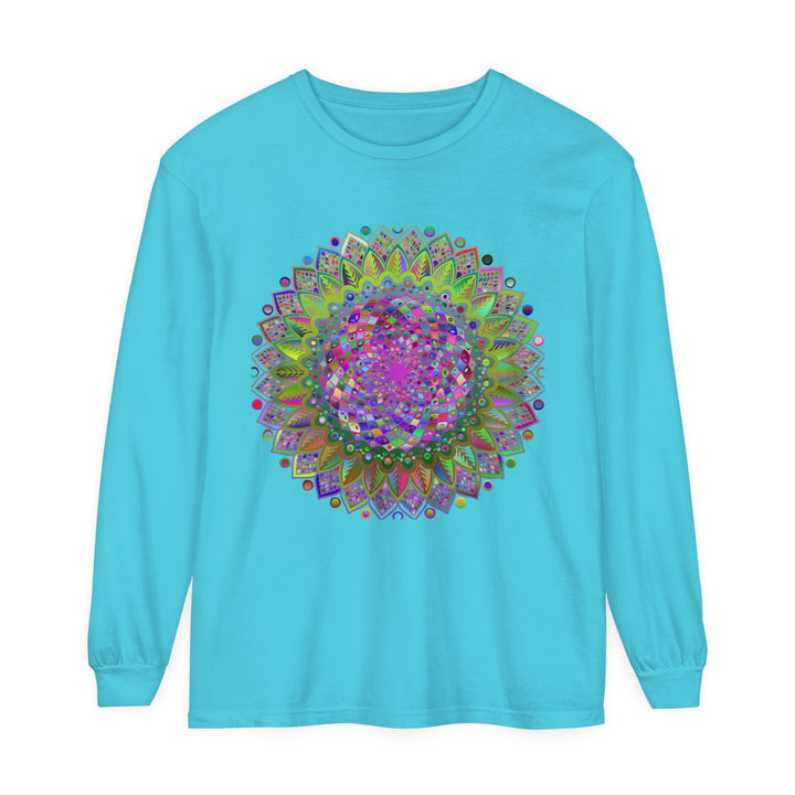 A colorful and intricate mandala design on a unisex long sleeve t-shirt