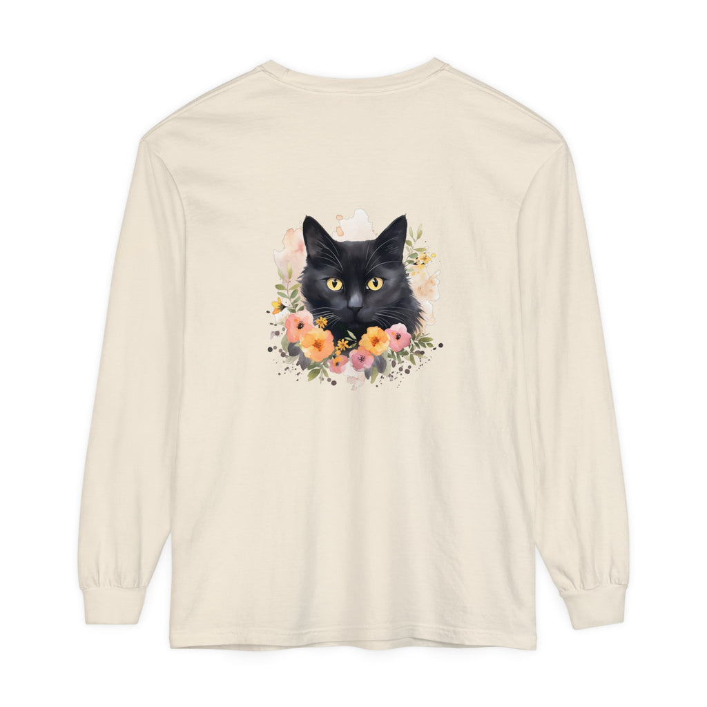 Black Cat Floral Portrait Unisex T-Shirt featuring a beautiful, hand-drawn illustration of a black cat surrounded by vibrant flowers on a high-quality, comfortable shirt