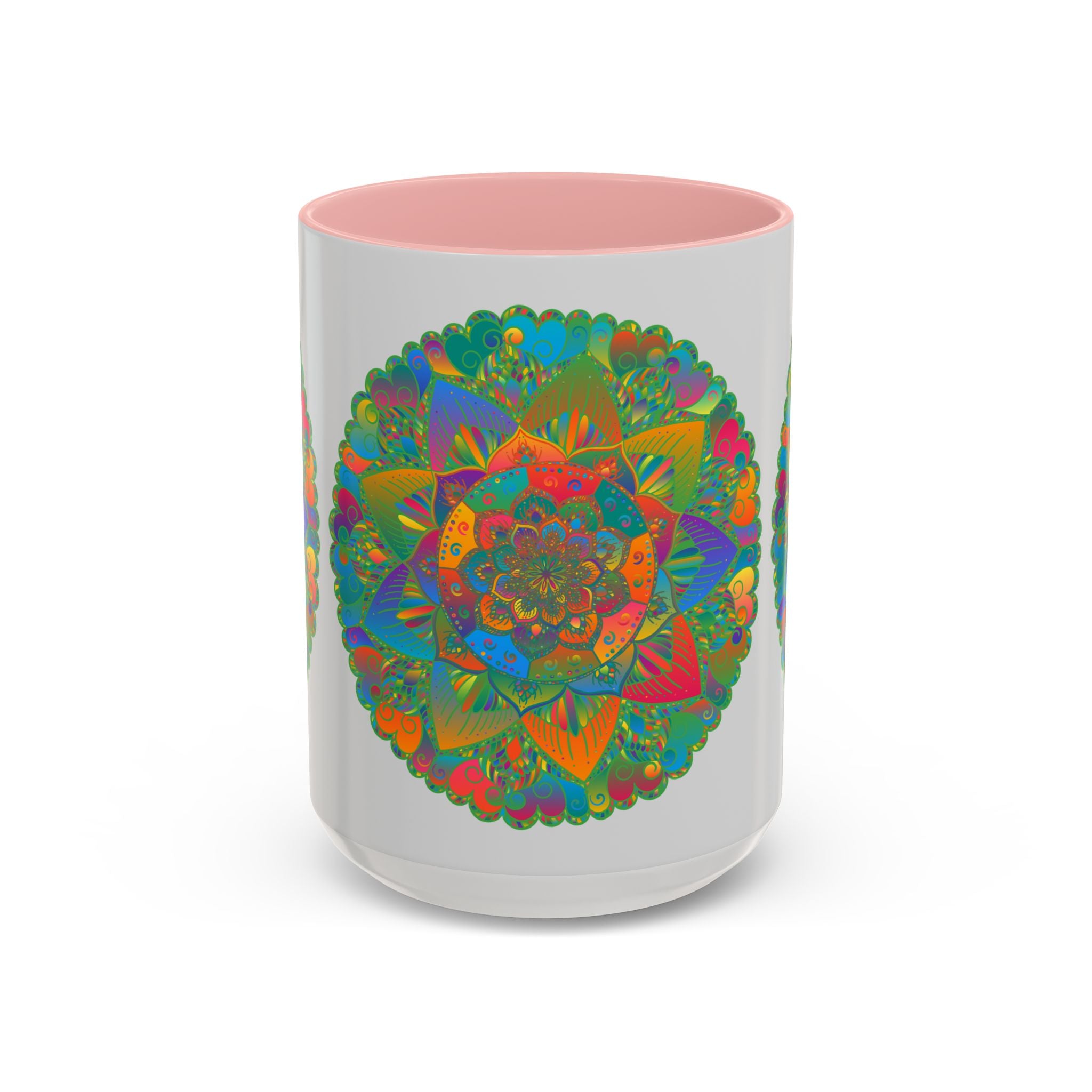 Colorful floral mandala art mug featuring intricate designs and vibrant colors