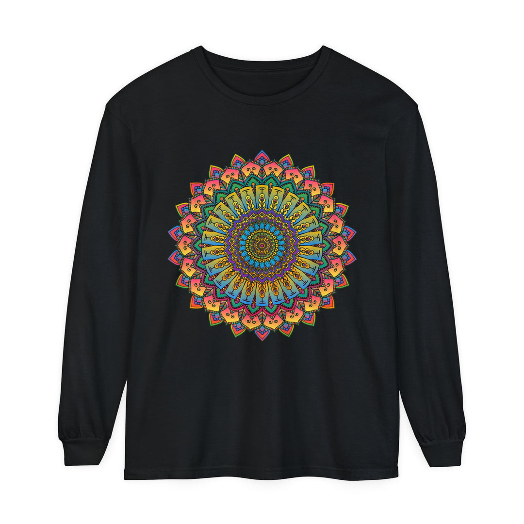 Intricate Mandala Unisex Long Sleeve T-Shirt featuring detailed mandala design on front and sleeves