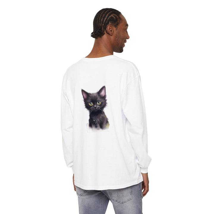 Adorable black kitten with bright green eyes printed on a t-shirt