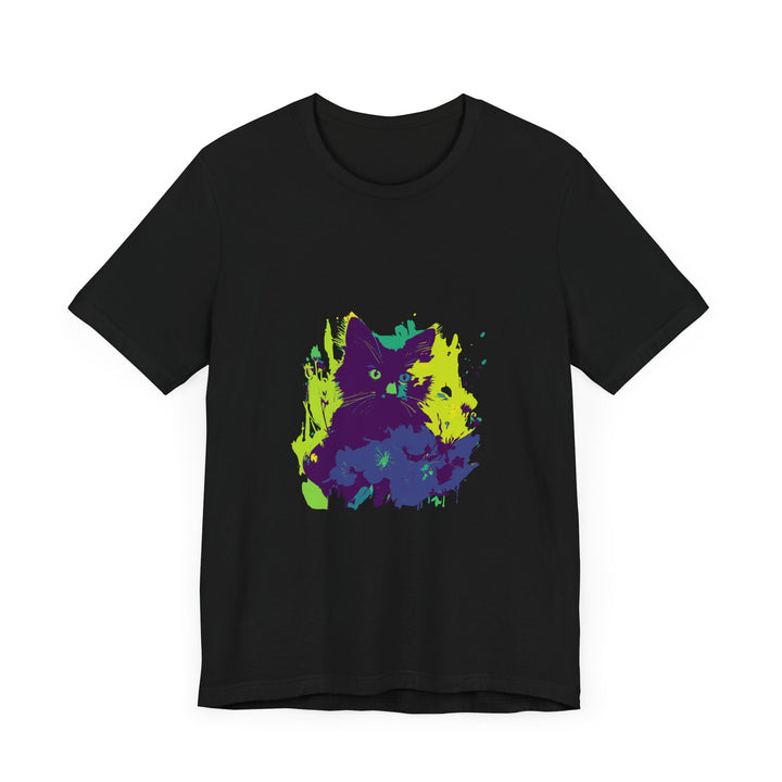 Black Cat Mystery - Abstract T-Shirt featuring a unique design with swirling patterns and a mysterious black cat silhouette