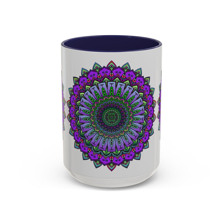 A colorful and intricate mandala design adorns a ceramic mug, evoking a sense of spirituality and artistry