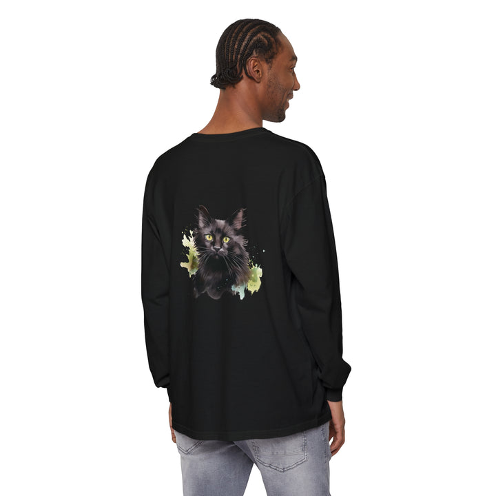 Watercolor image of a black cat splashing on a long sleeve t-shirt