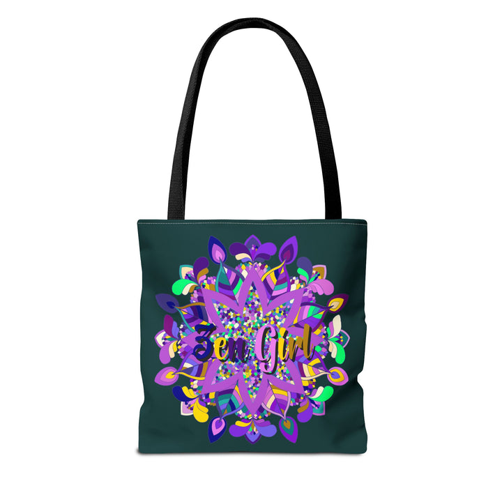 Dark green mandala tote bag with colorful Zen girl design by Blululi