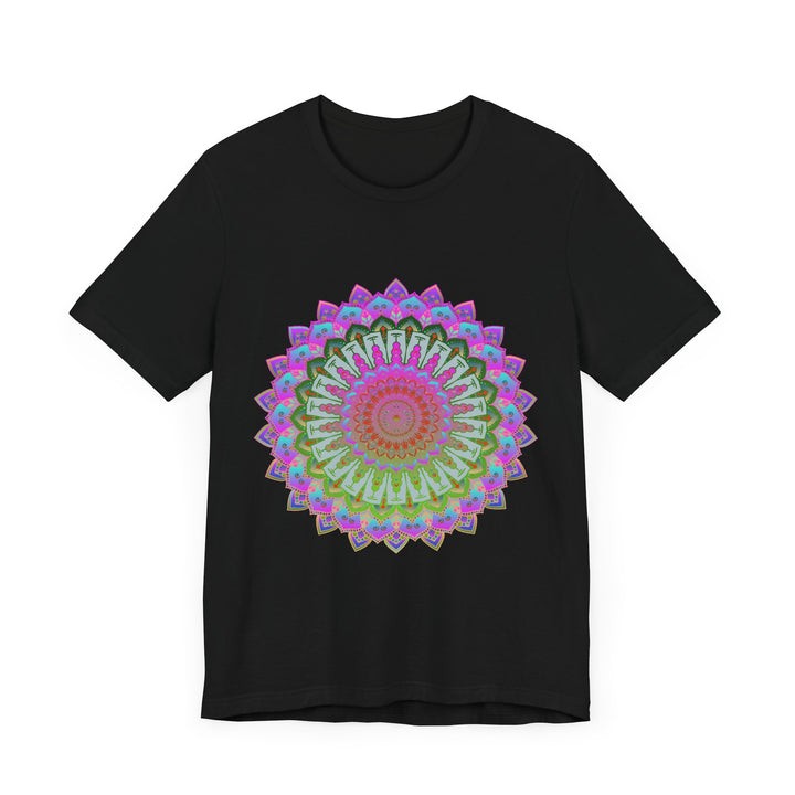 Vibrant Mandala T-Shirt featuring a colorful and intricate design in shades of blue, green, yellow, and red, perfect for adding a pop of color to any outfit