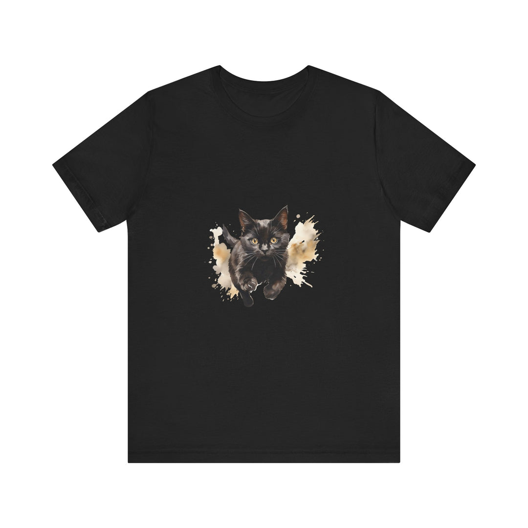 Black Cat Watercolor Sprint T-Shirt: a stylish and vibrant tee featuring a stunning watercolor illustration of a black cat against a colorful background, perfect for cat lovers and art enthusiasts alike