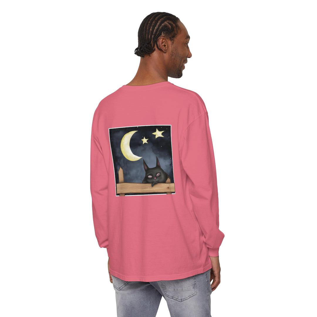 A cozy navy blue t-shirt featuring a sleepy cat under the night sky