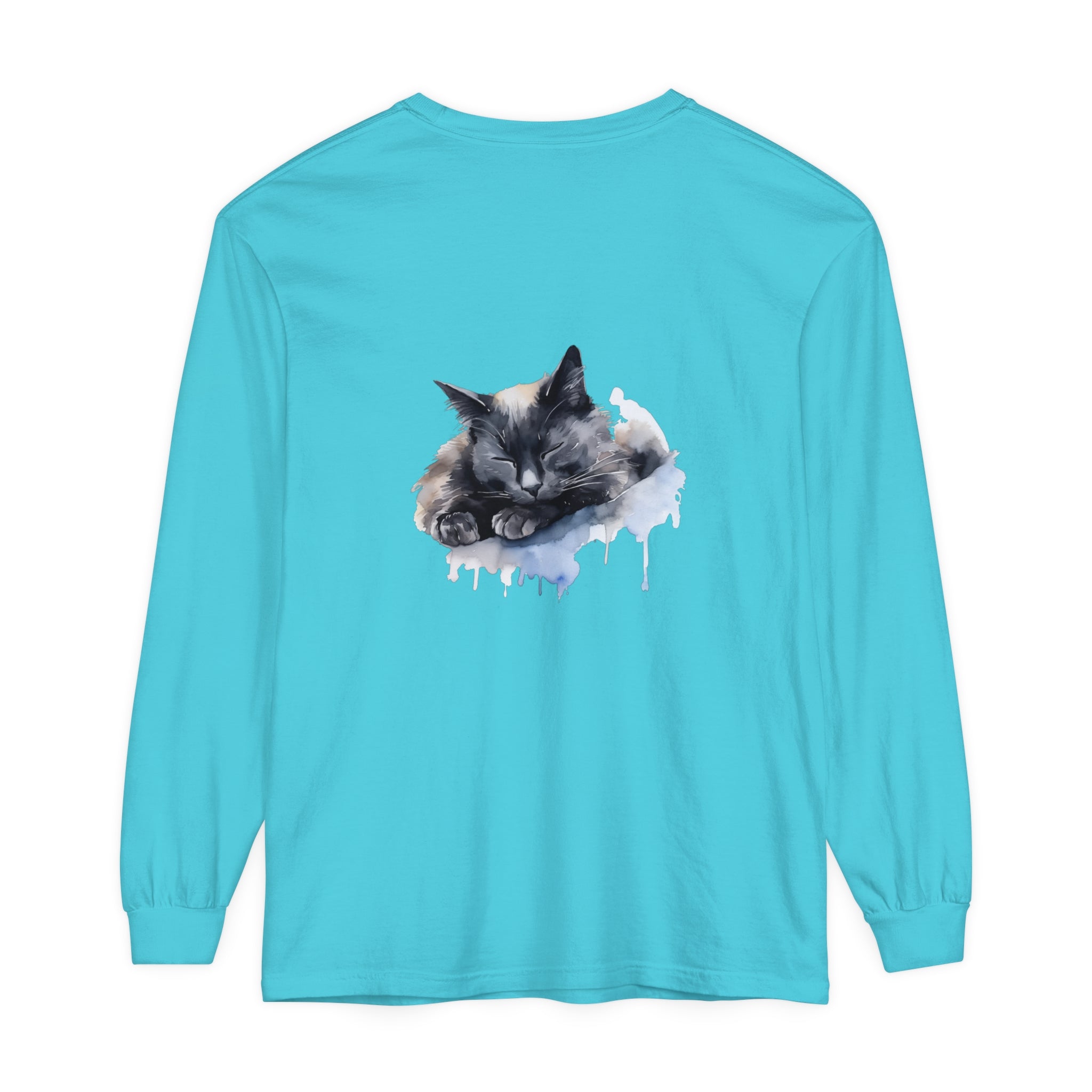 A hand-painted watercolor image of a peaceful grey tabby cat curled up and sleeping on a vibrant t-shirt, the Sleeping Cat Watercolor T-Shirt