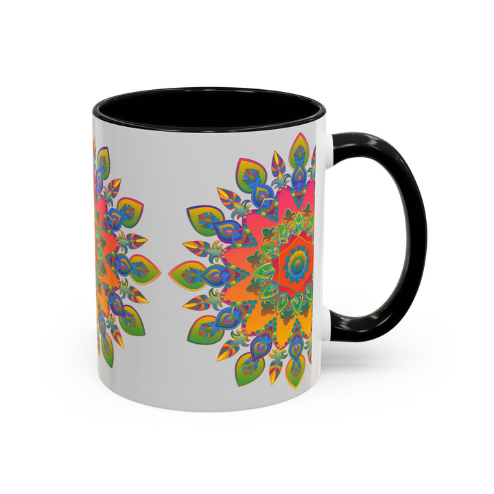 Colorful mandala mug featuring intricate art on a grey background