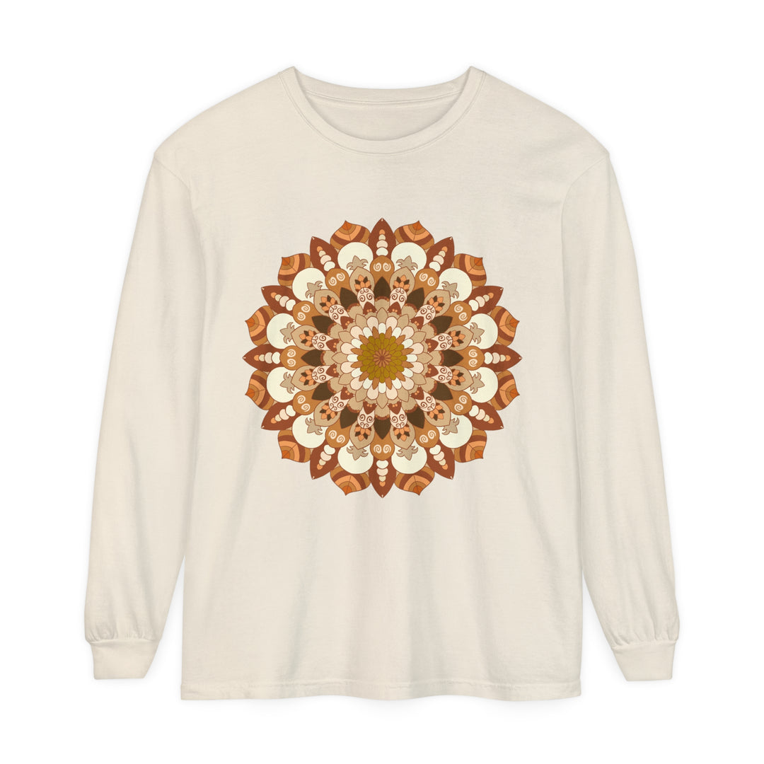 A detailed and colorful mandala design adorns this unisex long sleeve t-shirt