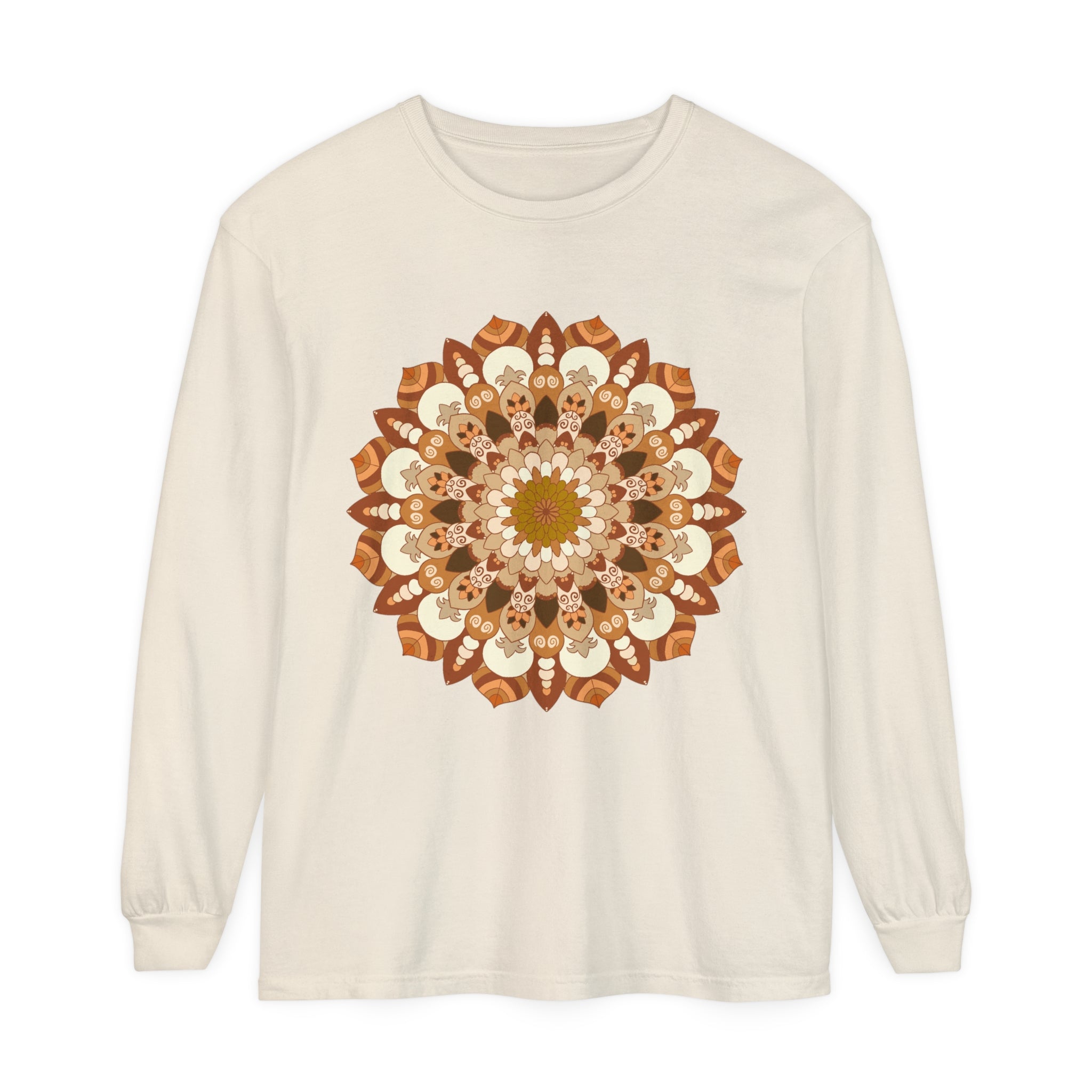 A detailed and colorful mandala design adorns this unisex long sleeve t-shirt