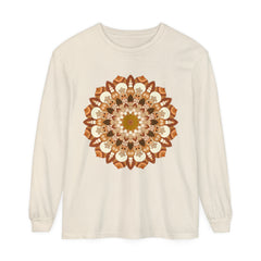 A detailed and colorful mandala design adorns this unisex long sleeve t-shirt