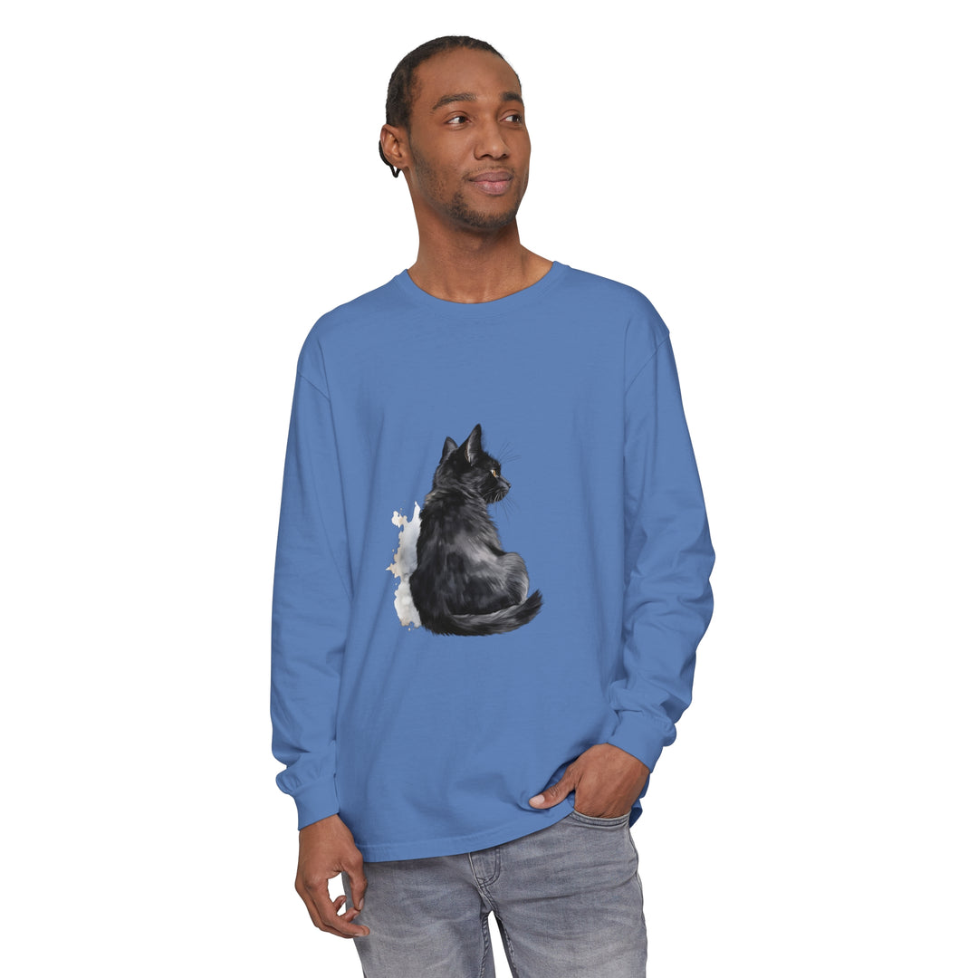 Black Cat Watercolor Unisex Long Sleeve T-Shirt featuring a stunning watercolor design of a black cat on a high-quality, comfortable long sleeve t-shirt