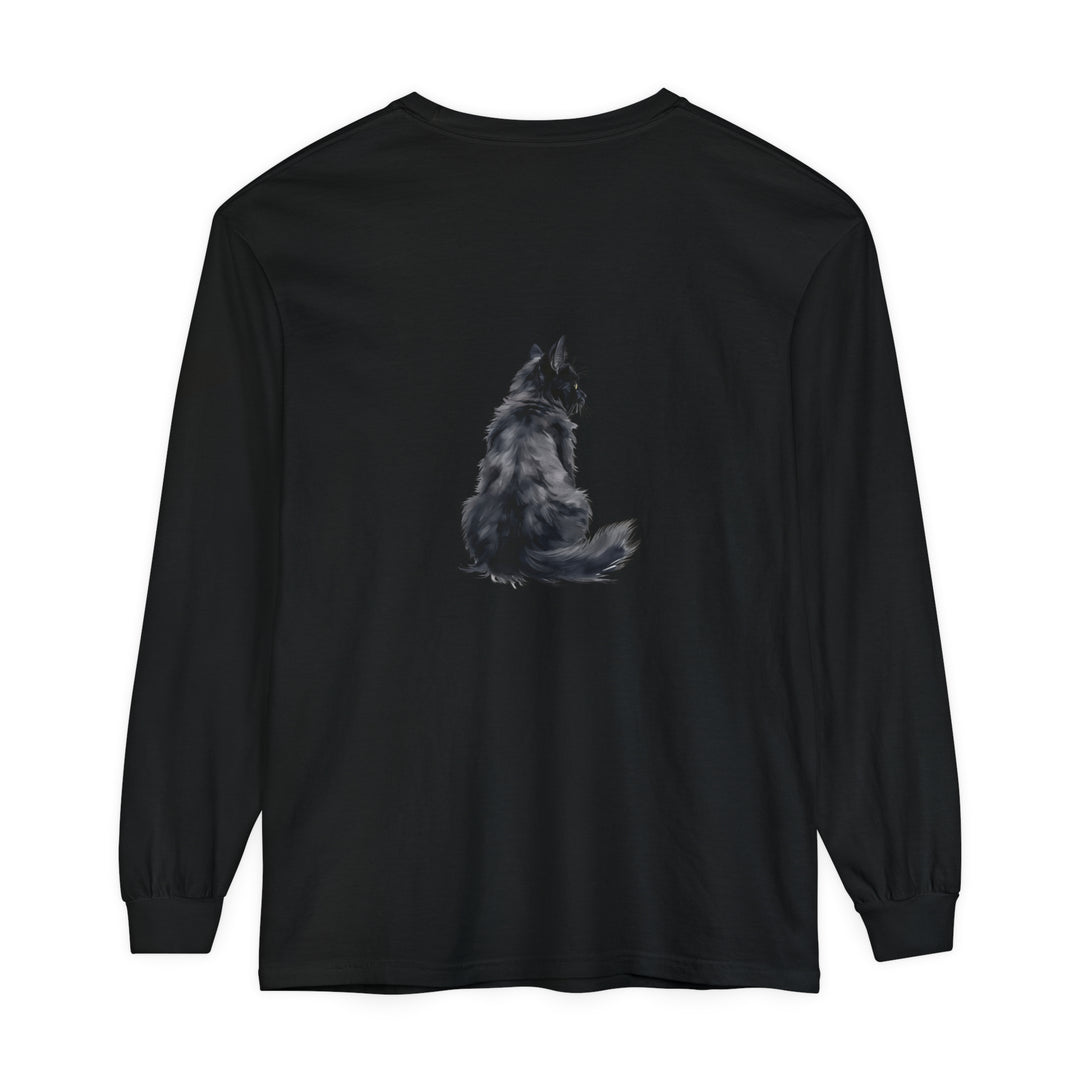 Black cat silhouette printed on a comfortable unisex long sleeve t-shirt