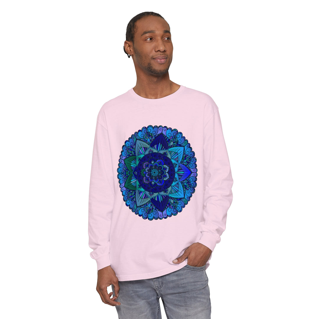 Dark blue and green mandala long sleeve t-shirt with intricate design