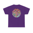A close-up image of a white unisex heavy cotton tee featuring a colorful mandala art design, perfect for yoga and mindfulness practices