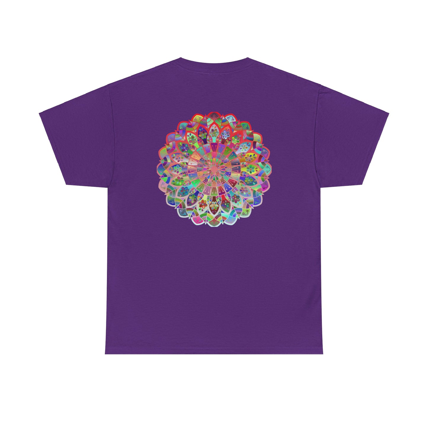 A close-up image of a white unisex heavy cotton tee featuring a colorful mandala art design, perfect for yoga and mindfulness practices