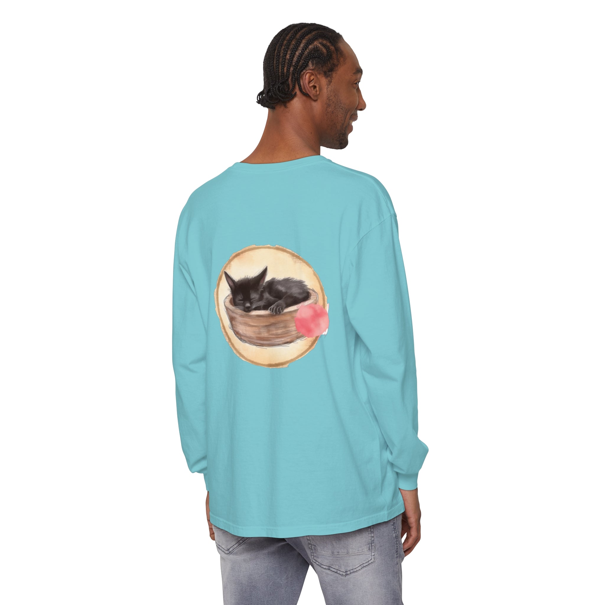 Watercolor illustration of a sleeping cat in a bowl on a long sleeve t-shirt