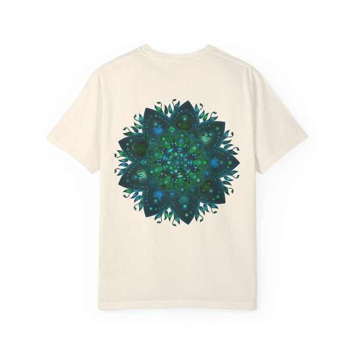 A close-up image of a unisex, hand-drawn intricate mandala t-shirt, featuring detailed and colorful design elements