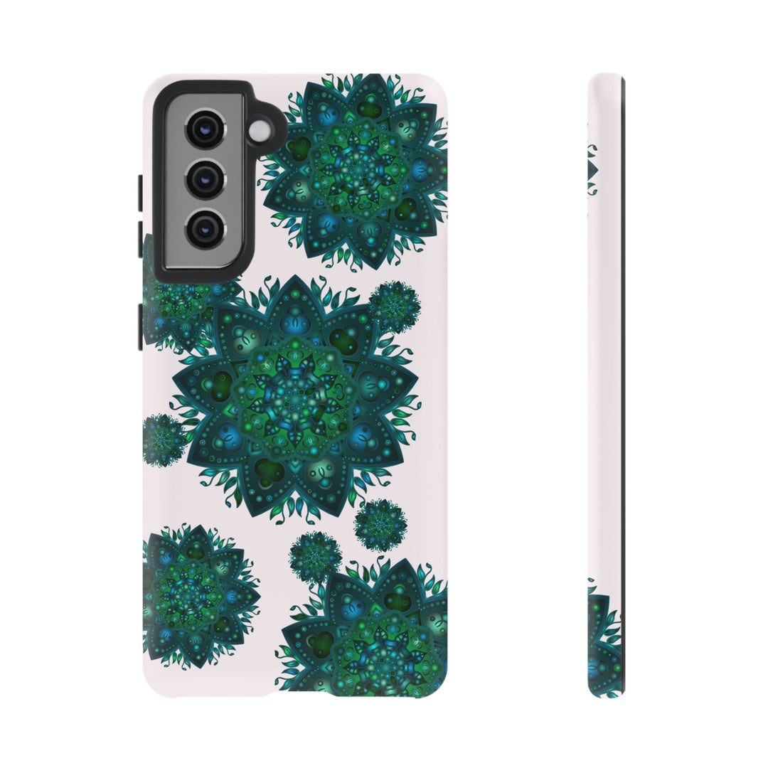 Beautiful light pink and green mandala phone case with peaceful and intricate design