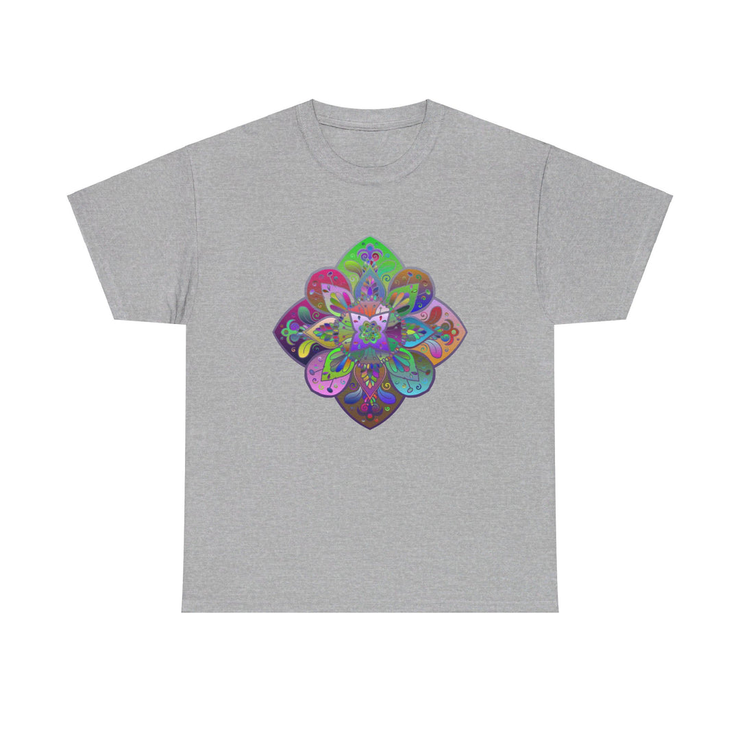 Colorful mandala art design printed on a comfortable unisex heavy cotton t-shirt, perfect for yoga and mindfulness practices