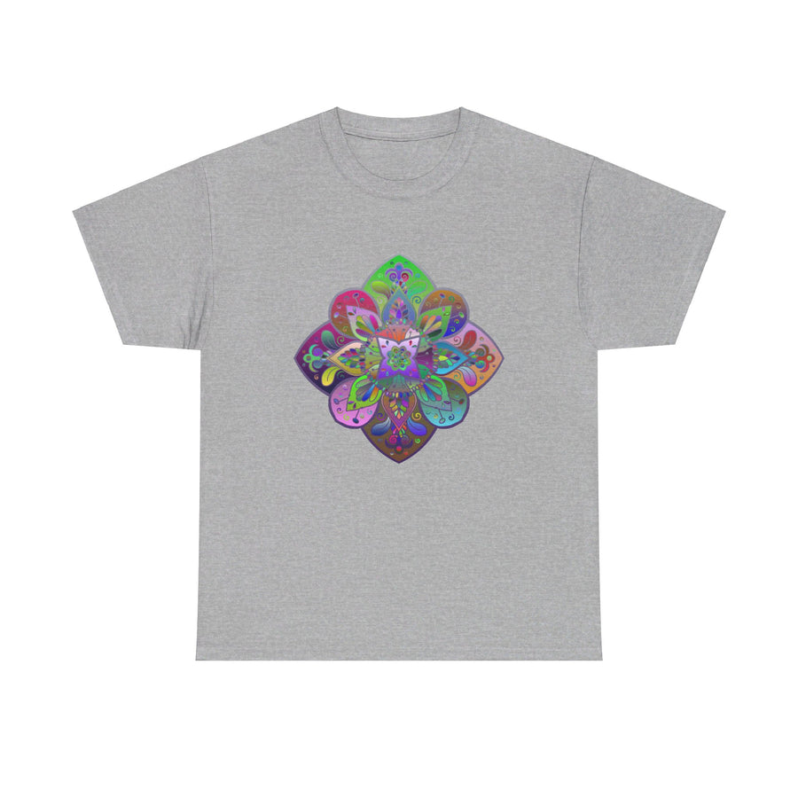 Colorful mandala art design printed on a comfortable unisex heavy cotton t-shirt, perfect for yoga and mindfulness practices