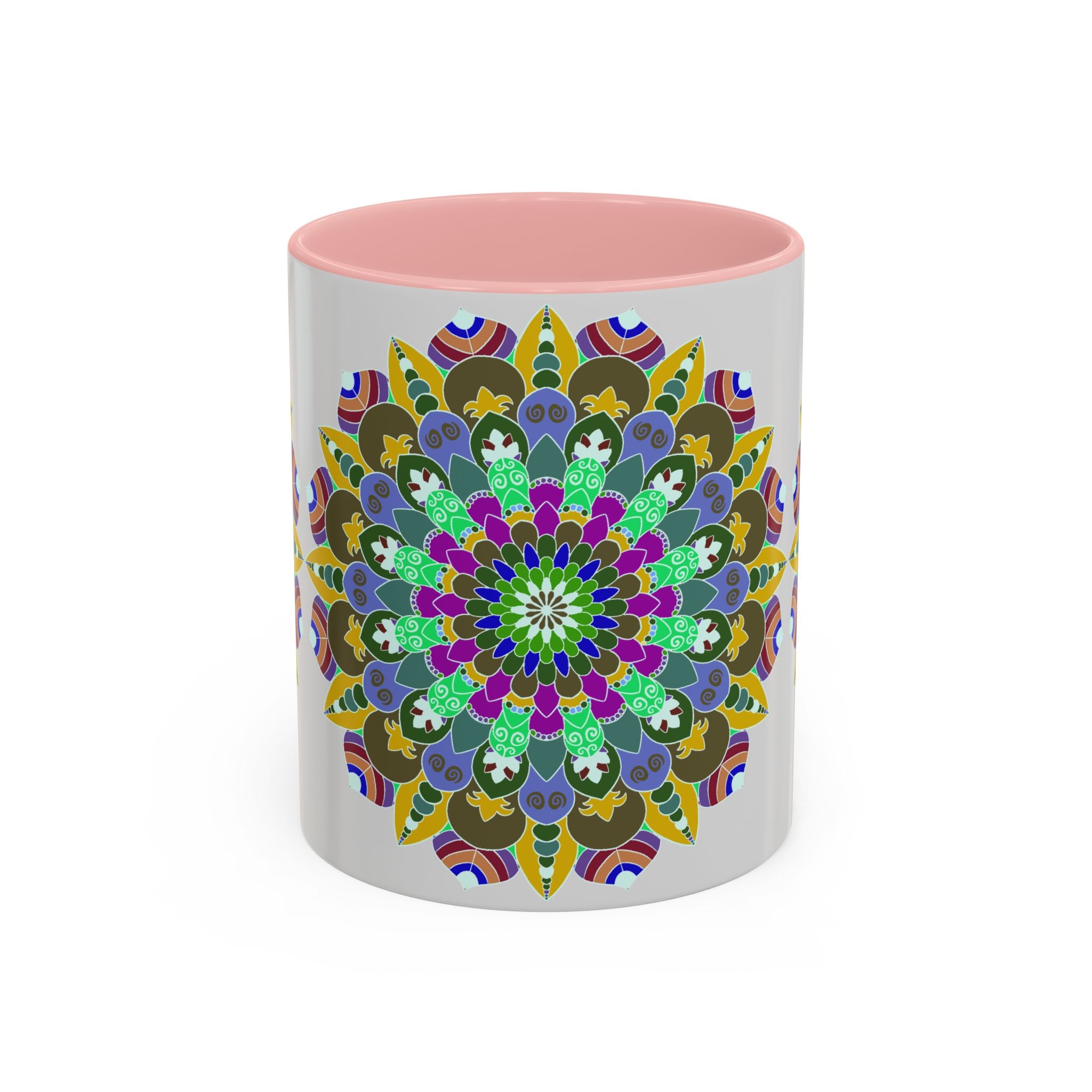 Beautiful mandala art mug featuring vibrant colors and serene patterns