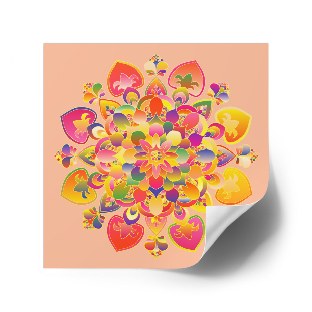 Hand-Drawn Mandala Laminate Stickers – Gold, Red, and Green on Peach