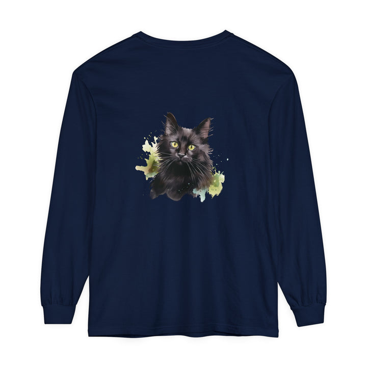 Black Cat Watercolor Splash Long Sleeve T-Shirt with vibrant feline design