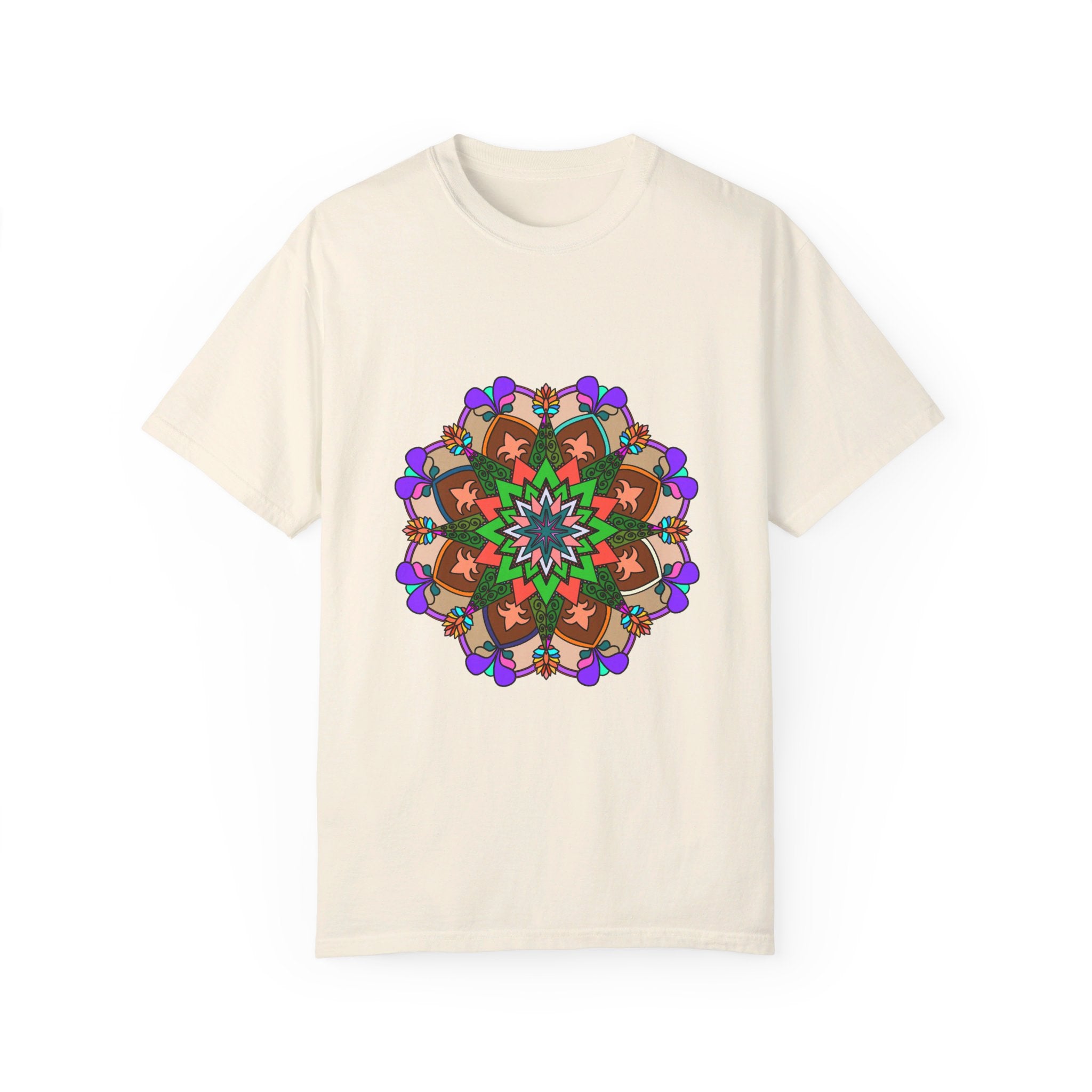 Unisex Mandala T-Shirt featuring intricate hand-drawn mandala art on 100% ring-spun cotton, garment-dyed for maximum comfort