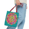 Large aquamarine tote bag featuring a vibrant and intricate mandala art design in various shades of blue, green, and turquoise