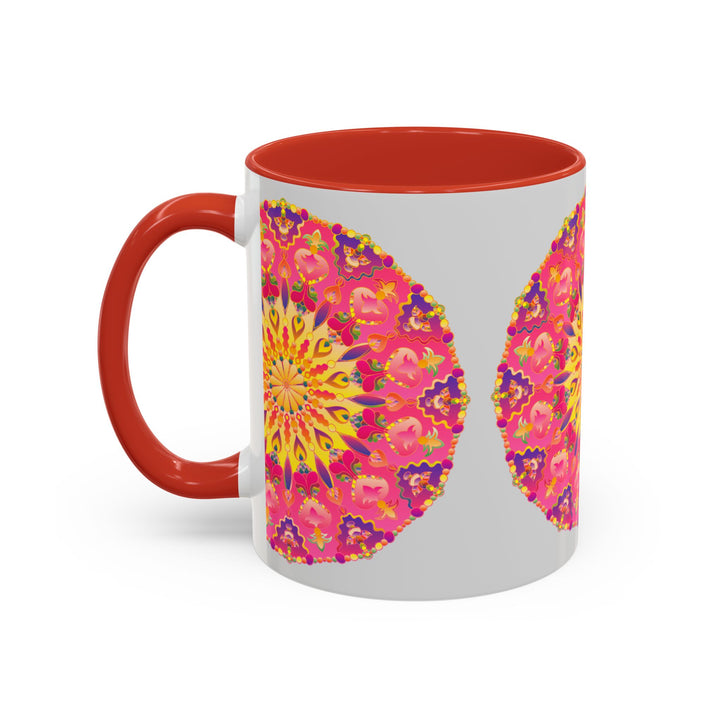 Intricately designed pink, yellow, and green mandala art mug