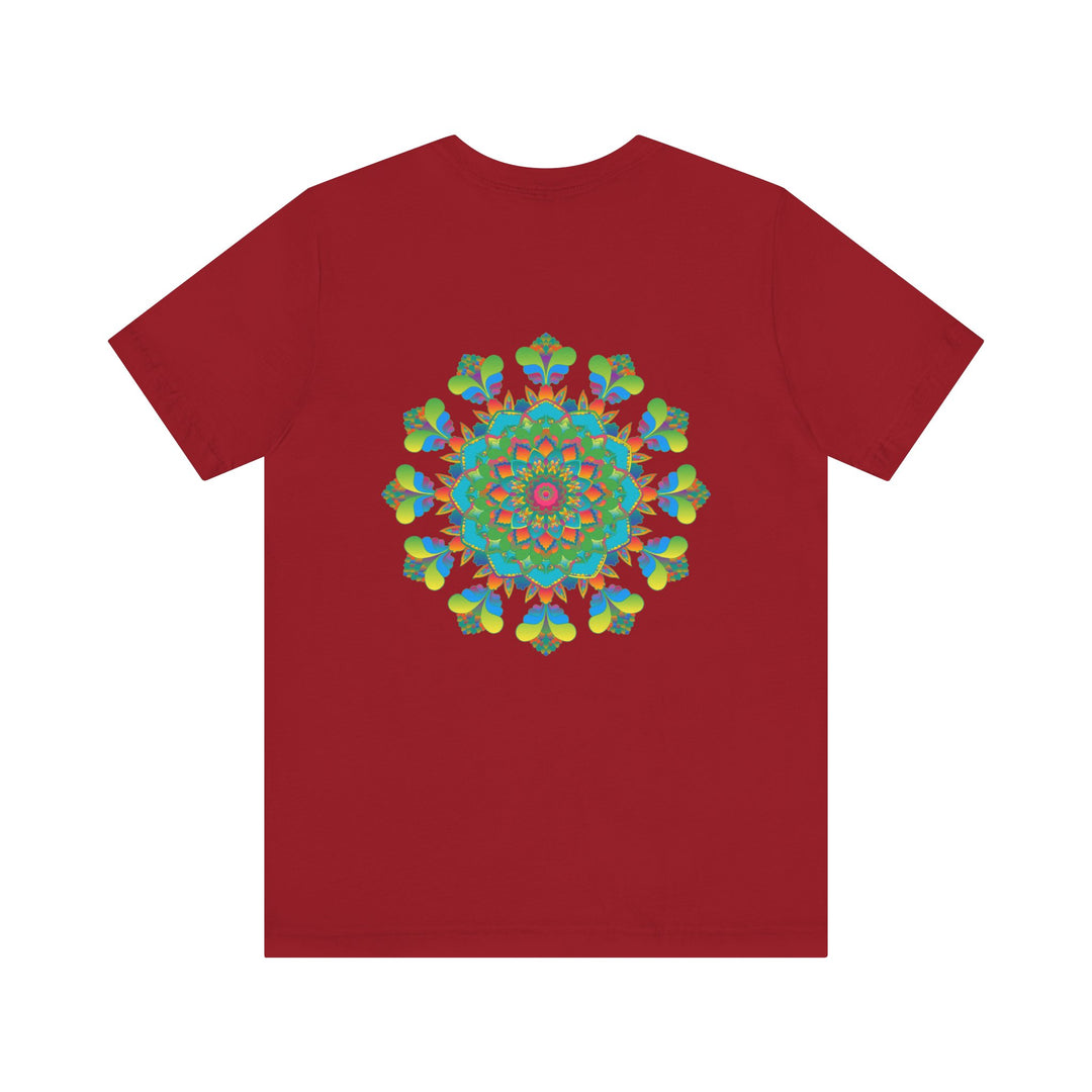 A vibrant and colorful t-shirt featuring a mesmerizing psychedelic mandala design, exuding spiritual and positive vibes