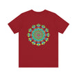 A vibrant and colorful t-shirt featuring a mesmerizing psychedelic mandala design, exuding spiritual and positive vibes