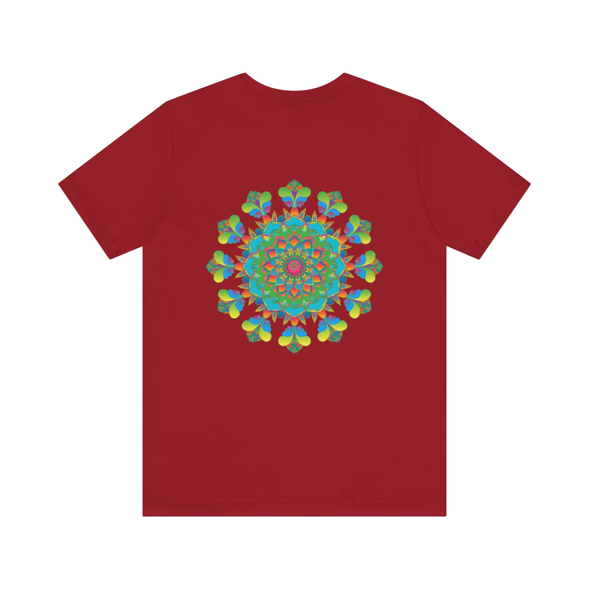 A vibrant and colorful t-shirt featuring a mesmerizing psychedelic mandala design, exuding spiritual and positive vibes