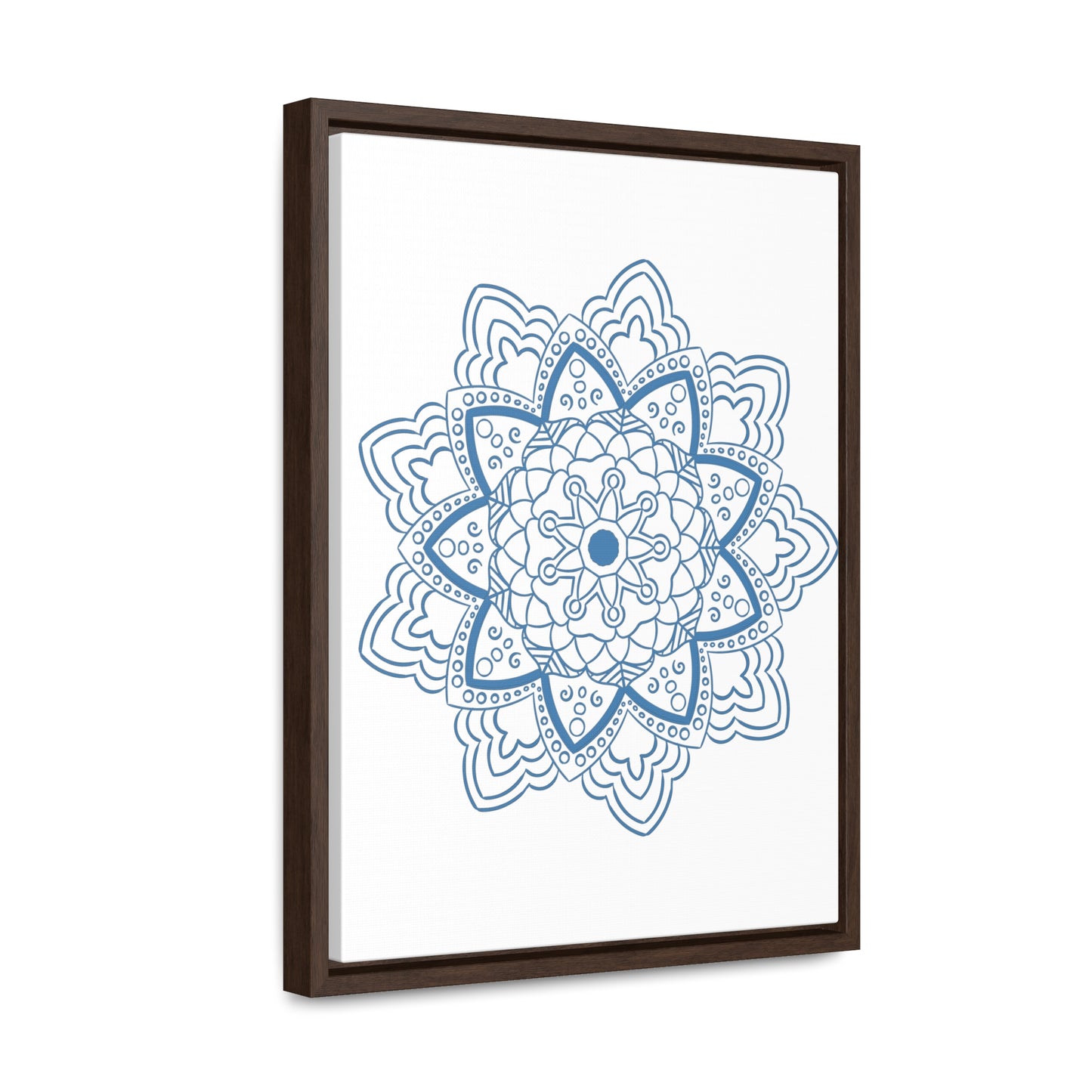 Beautiful handmade steel blue Mandala Design Wall Art on gallery canvas wraps, displayed in a vertical frame