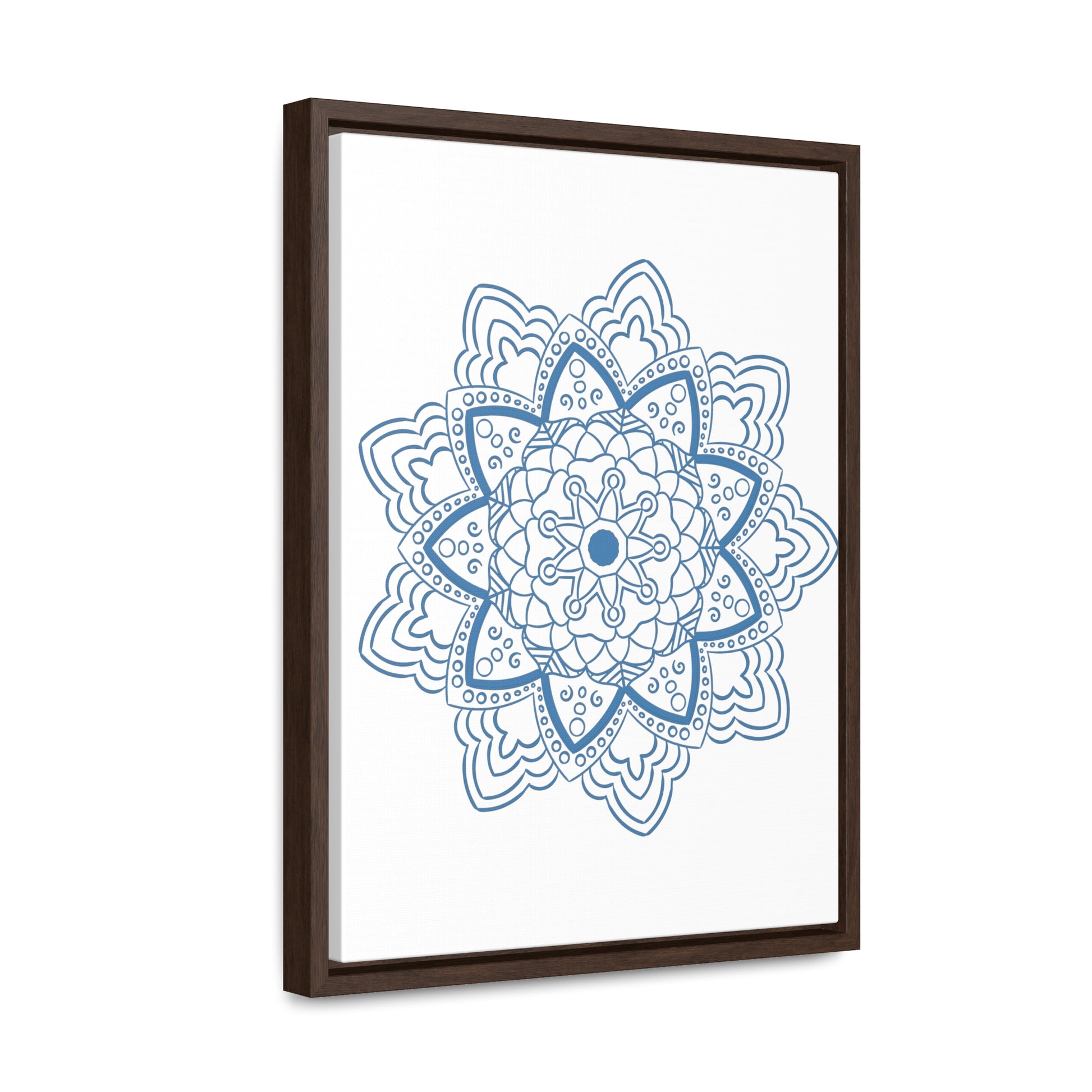 Beautiful handmade steel blue Mandala Design Wall Art on gallery canvas wraps, displayed in a vertical frame