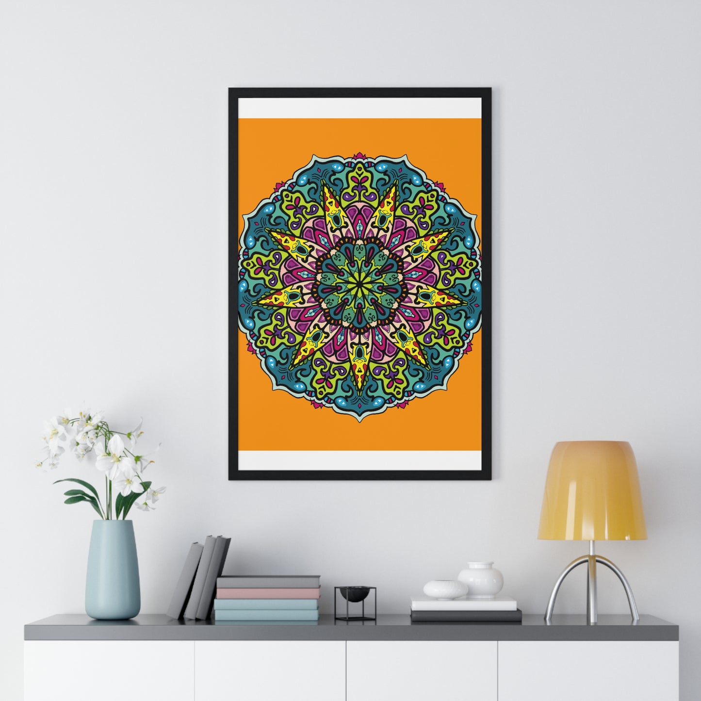 Hand-drawn Orange Mandala Art for Mindfulness and Yoga on Framed Poster