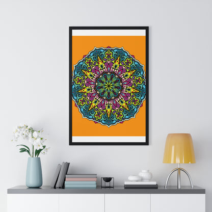 Hand-drawn Orange Mandala Art for Mindfulness and Yoga on Framed Poster