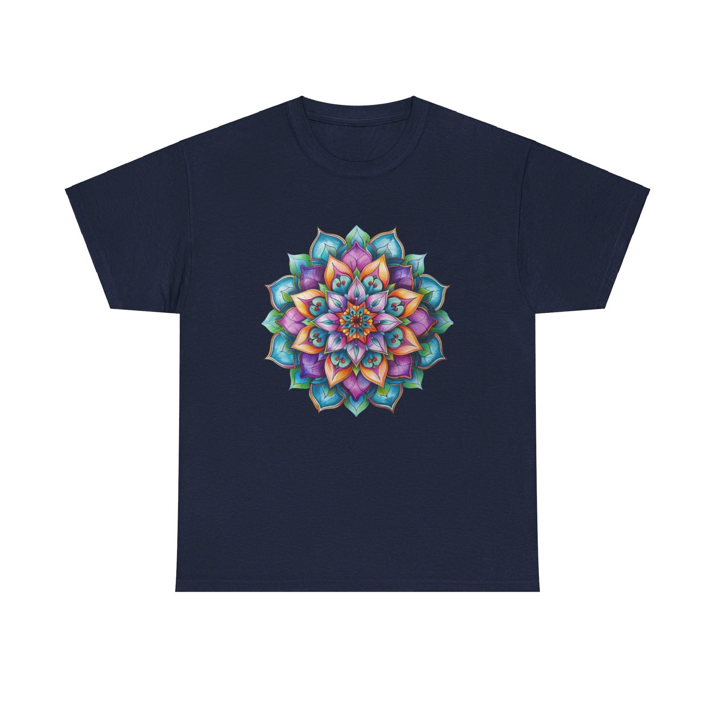 Unisex Mandala Art Yoga Mindfulness - Unisex Heavy Cotton Tee in black with vibrant mandala print