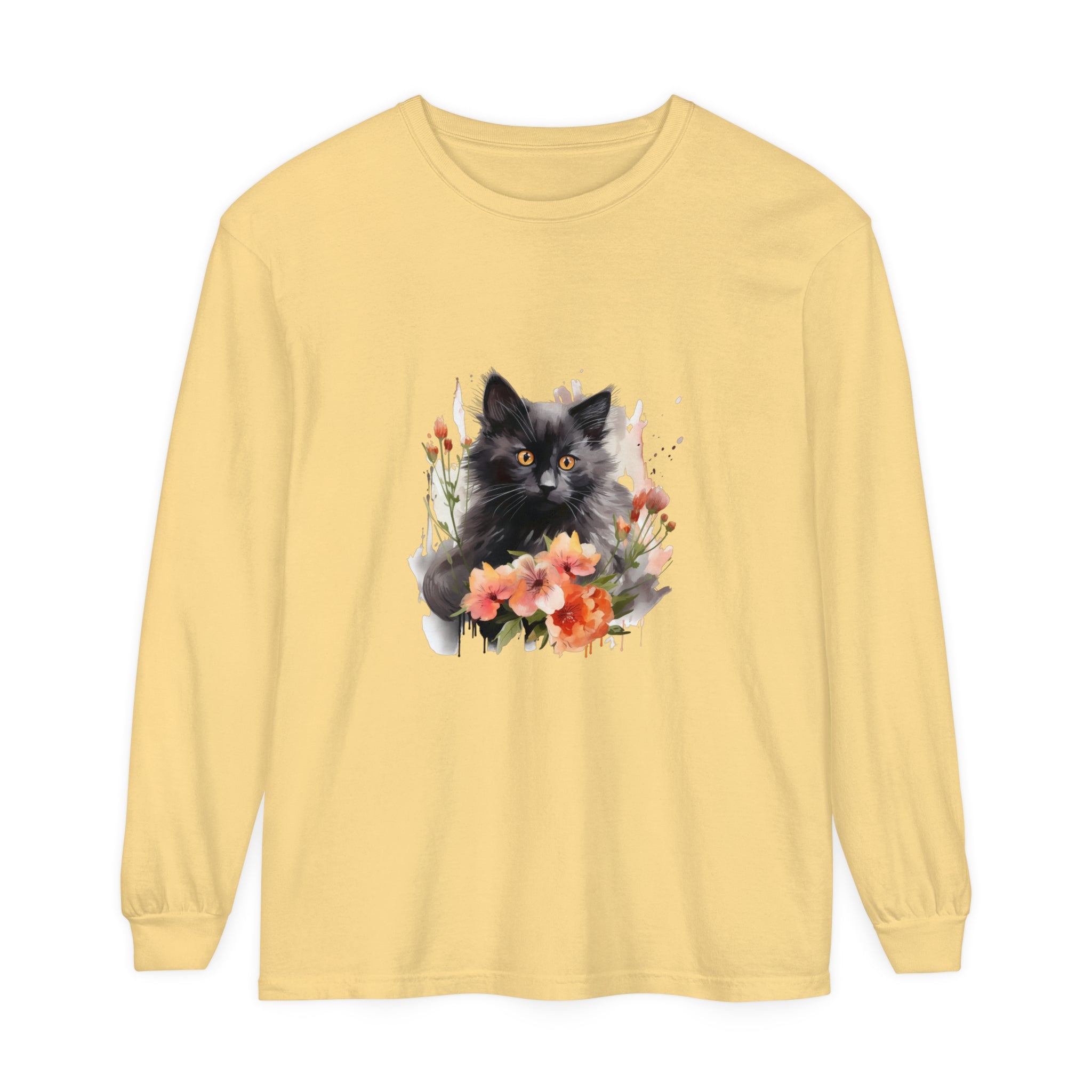 A beautiful watercolor t-shirt featuring a black cat surrounded by colorful flowers