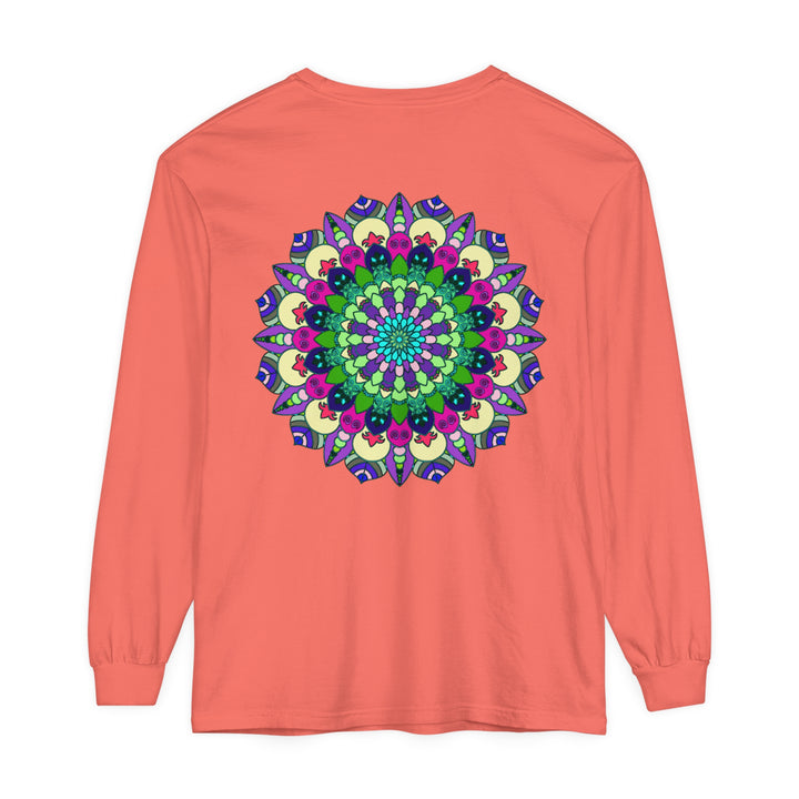 Colorful and intricately designed unisex long sleeve t-shirt with vibrant mandala pattern