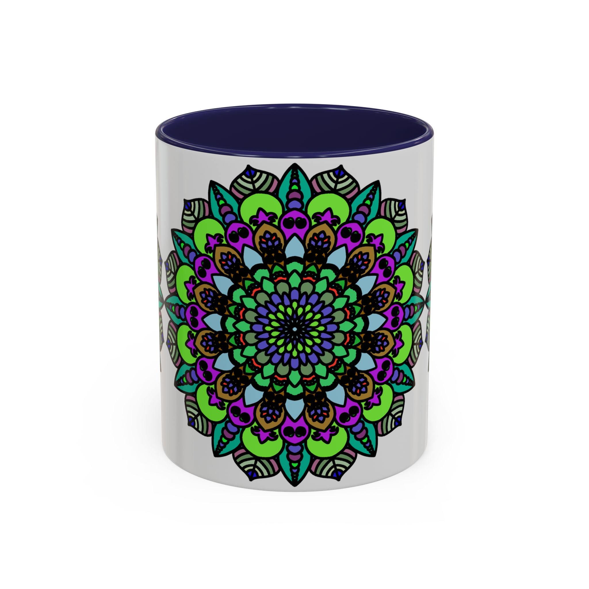 Colorful ceramic mug with intricate mandala design and vibrant colors