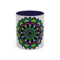 Colorful ceramic mug with intricate mandala design and vibrant colors